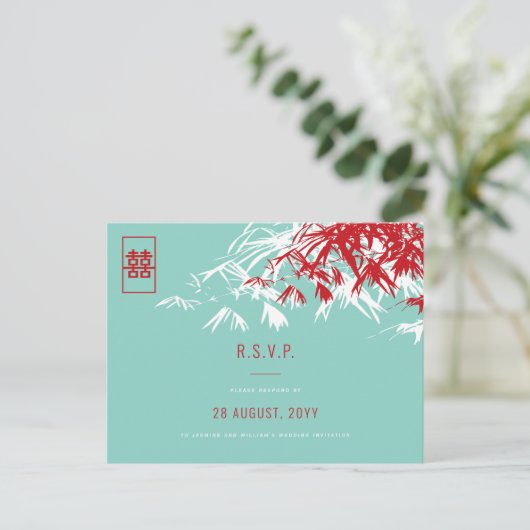 Bamboe laat dubbel geluk met Aziatische bruiloft R Uitnodiging Briefkaart (Staand voorkant)