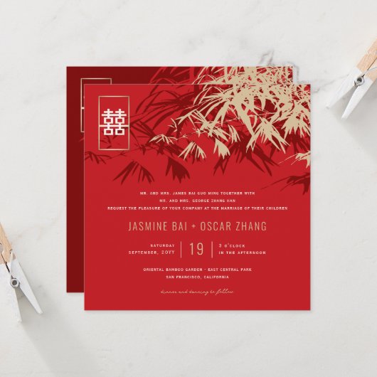 Bamboe laat dubbelgeluk over het Chinese huwelijk Kaart (Voorkant / Achterkant in situ)