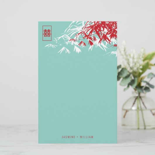 Bamboe Leaves + Double Xi Blue Weddenschap Briefpapier (Staand voorkant)