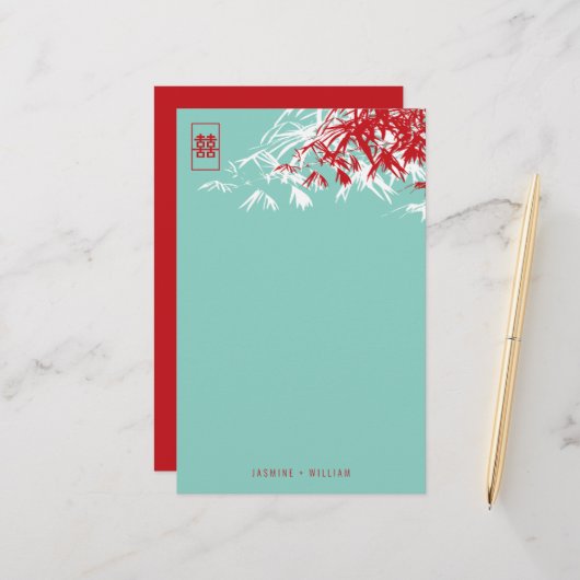 Bamboe Leaves + Double Xi Blue Weddenschap Briefpapier (Voorkant / Achterkant in situ)