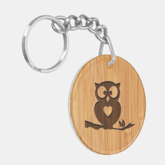 Bamboe look & Engraded Cute Owl in Tree Sleutelhanger (Voorkant Links)