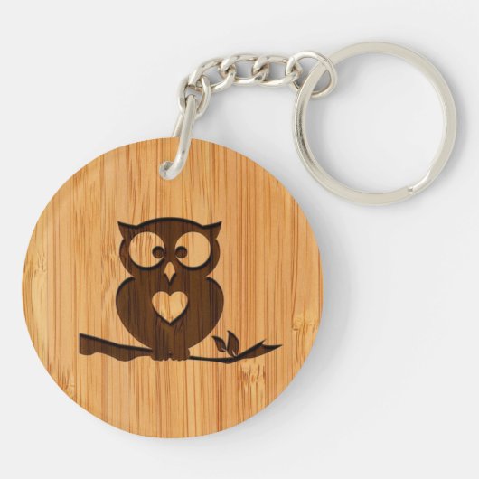 Bamboe look & Engraded Cute Owl in Tree Sleutelhanger (Achterkant)