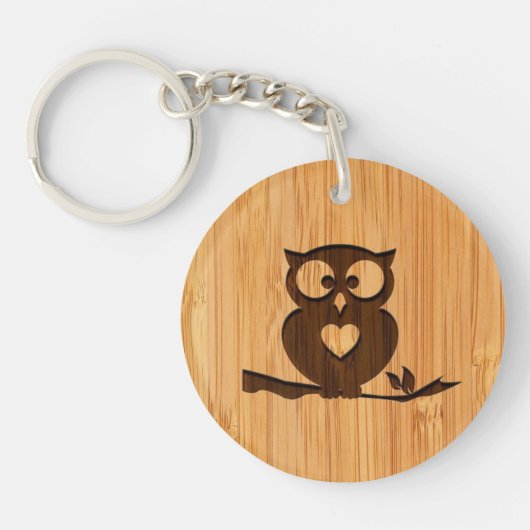 Bamboe look & Engraded Cute Owl in Tree Sleutelhanger (Voorkant)