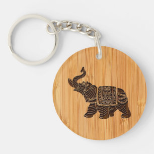 Bamboe look & gegraveerd Retro Thai Elephant Sleutelhanger