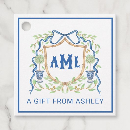 Bamboe & Olive Topiary Crest | Monogram Bedankjes Labels (Voorkant)