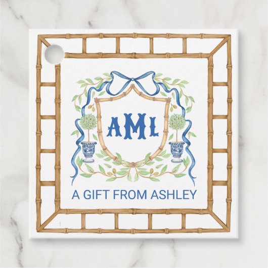 Bamboe & Olive Topiary Crest | Monogram Bedankjes Labels (Voorkant)