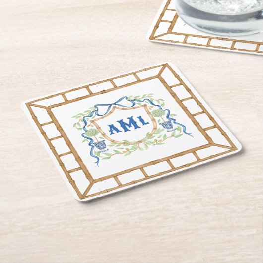 Bamboe & Olive Topiary Crest | Monogram Kartonnen Onderzetters (Schuin)
