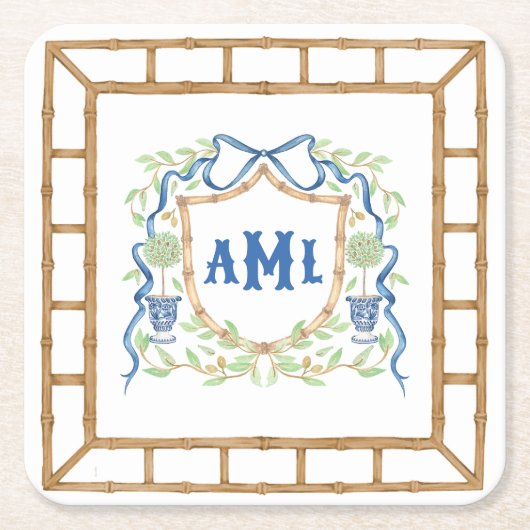 Bamboe & Olive Topiary Crest | Monogram Kartonnen Onderzetters (Voorkant)