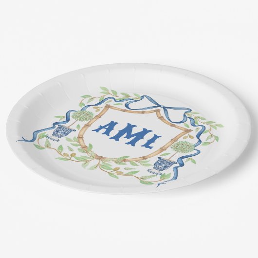 Bamboe & Olive Topiary Crest | Monogram Papieren Bordje (Gekanteld)