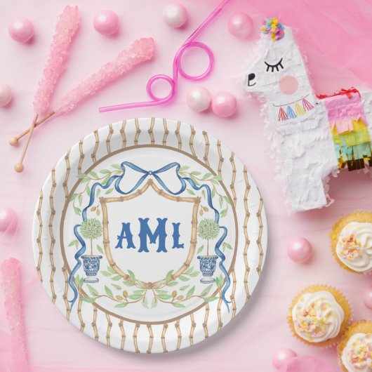 Bamboe & Olive Topiary Crest | Monogram Papieren Bordje (Feest)