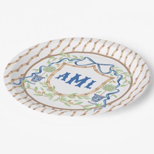 Bamboe & Olive Topiary Crest | Monogram Papieren Bordje (Gekanteld)