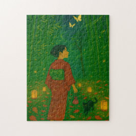 Bamboe pad met kimono meisje en kat legpuzzel