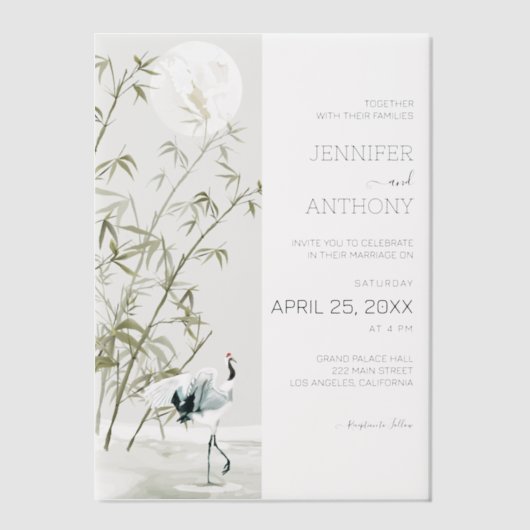 Bamboe Planten en Crane Bruiloft Vellum Uitnodigingen (Voorkant)