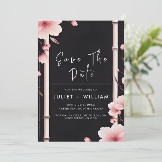 Bamboe roze Sakura kersenbloesem bruiloft Save The Date (Staand voorkant)