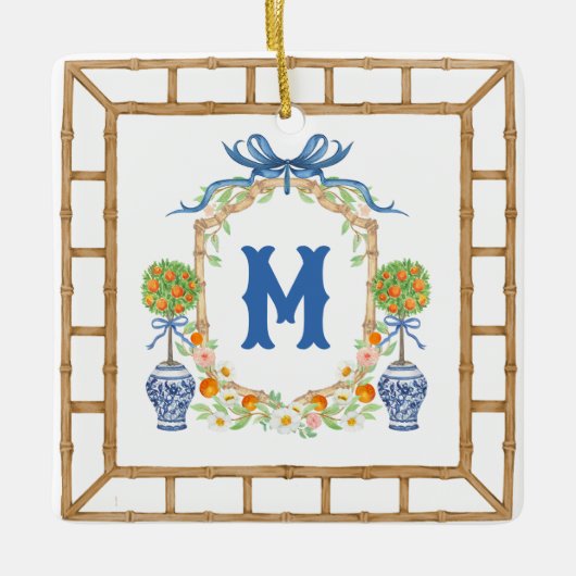 Bamboe & Sinaasappel Topiary Crest | 1-letter mono Keramisch Ornament (Voorkant)