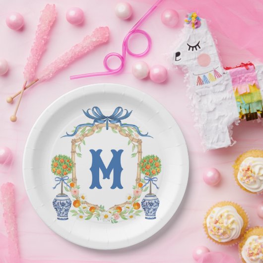 Bamboe & Sinaasappel Topiary Crest | 1-letter mono Papieren Bordje (Feest)