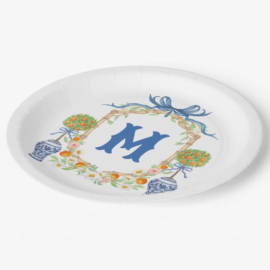 Bamboe & Sinaasappel Topiary Crest | 1-letter mono Papieren Bordje (Gekanteld)