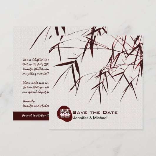 Bamboebladeren/Oosterse Dubbel Geluk Huwelijk Save The Date (Voorkant / Achterkant)