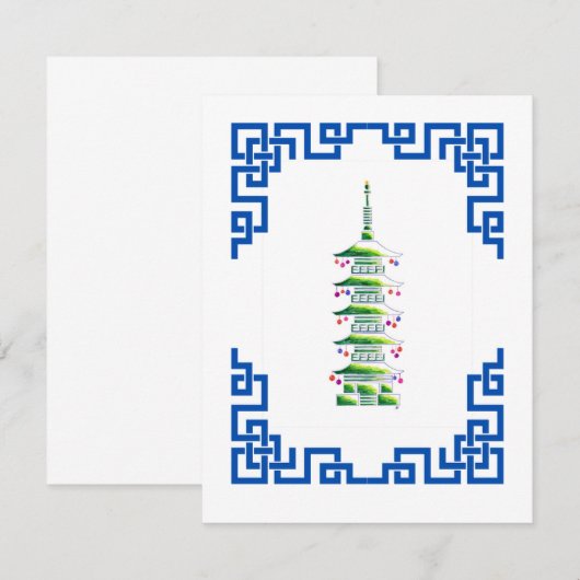 Bamboo Chinoiserie Pagoda Christmas Tree Note Card Notitiekaartje (Voorkant / Achterkant)