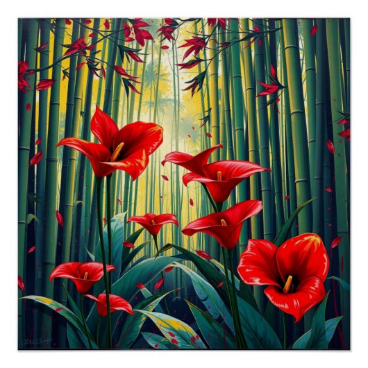 bamboo forest with red callas perfect poster (Voorkant)
