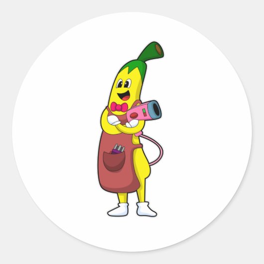 Banaan als hairdresser met luchtdroger ronde sticker (Voorkant)