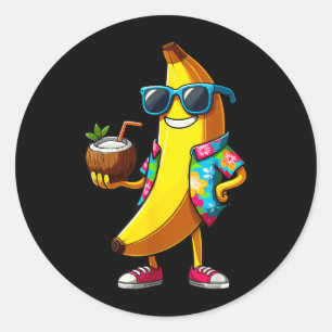 Banaan die een zonnebril draagt en kokosdrank drin ronde sticker