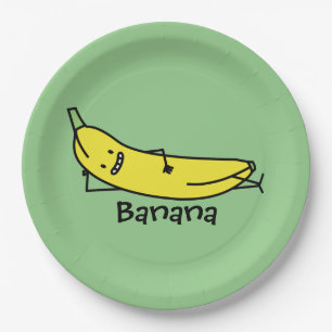 Banaan die glimlacht, bepaalt en ontspant papieren bordje