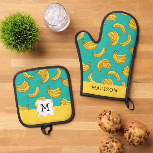 Banaan Fruit Fun Patroon Ovenwant & Pannenlap Set (Top down)