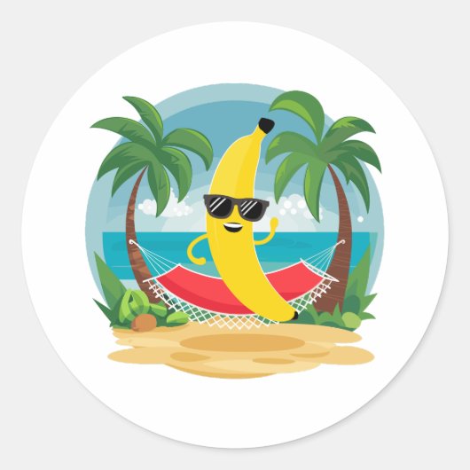 Banaan op de hangmat op het strand ronde sticker (Voorkant)