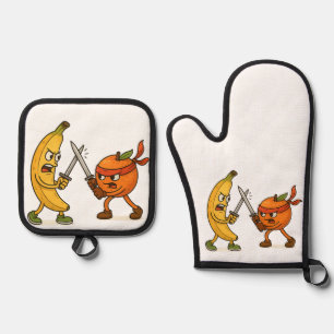 Banaan vs. Ninja Sinaasappel – Epische fruitstrijd Ovenwant & Pannenlap Set