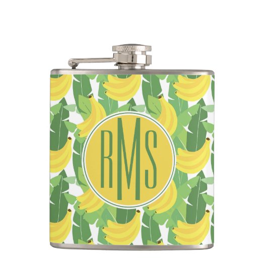 Banaanbladeren en fruitpatroon | Monogram Heupfles (Voorkant)