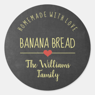 banaanbrood homemade met liefdeskarton geel ronde sticker