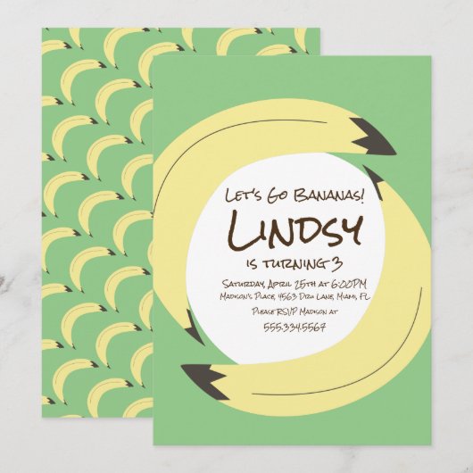 Banana Birthday Party Green Yellow Invitation Kaart (Voorkant / Achterkant)