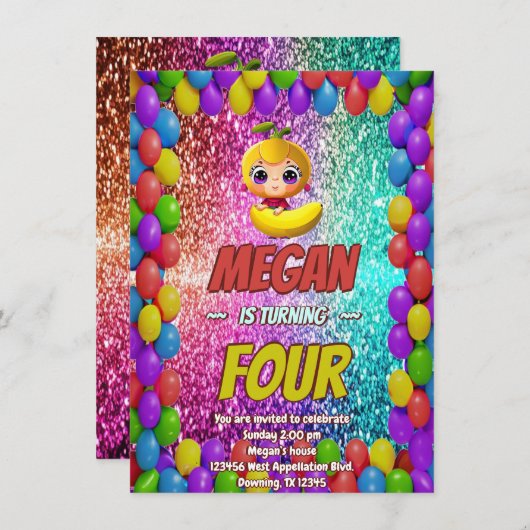 Banana cartoon verjaardagsuitnodiging voor kindere kaart (Voorkant / Achterkant)