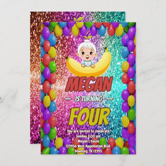 Banana cartoon verjaardagsuitnodiging voor kindere kaart (Voorkant / Achterkant)