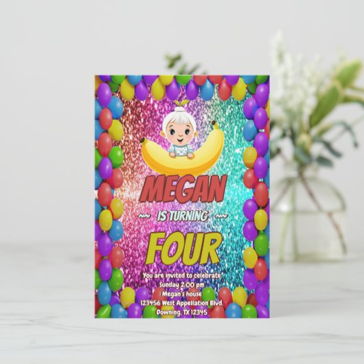 Banana cartoon verjaardagsuitnodiging voor kindere kaart (Staand voorkant)