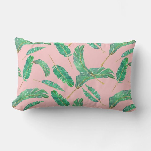 Banana Leaf roze Green Tropical Leaves Pattern Buitenkussen (Voorkant)