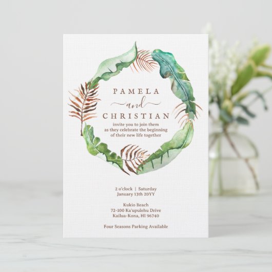 Banana Leaf Wreath Wedding Invitation Kaart (Staand voorkant)