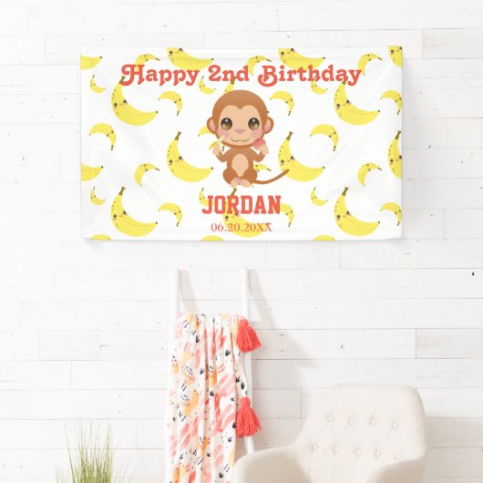Banana Pattern Baby Monkey Verjaardagsfeestje Spandoek (Insitu)