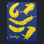 Banana Slugs Yellow and Blue, op maat gesneden iPad Pro Cover<br><div class="desc">Bescherm uw iPad in stijl met deze persoonlijke cover. Het bevat illustraties van banaansluizen in een felzonnig geel plaatje tegen een koninklijke blauwe achtergrond,  en is klaar om gepersonaliseerd te worden met een naam in gele scriptletters.</div>