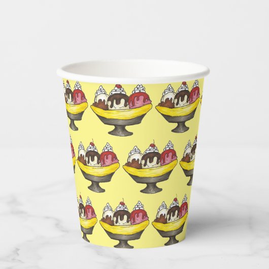 Banana Split Ice Cream Sundae Scoop Shop Dessert Papieren Bekers (Voorkant)