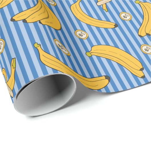 Banana Stripe Vector Pattern | Klassiek blauw Cadeaupapier (Rol Hoek)
