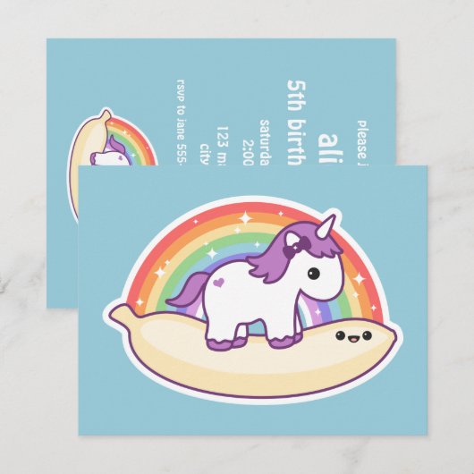 Banana Unicorn Verjaardagsfeestje Uitnodigingen (Voorkant / Achterkant)