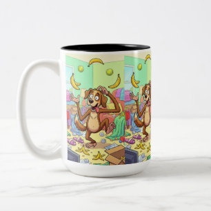 Bananen Goochelende Hond – Whimsicale Dierenkomedi Tweekleurige Koffiemok