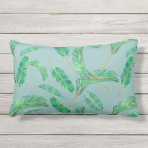 Bananenblad Blauw Groen Tropisch Bladeren Patroon Buitenkussen