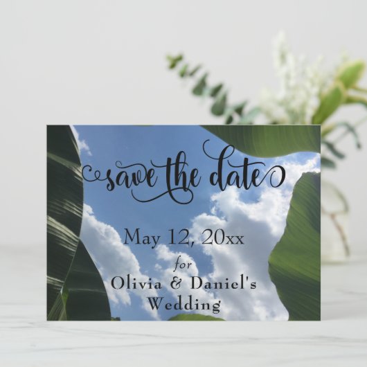 Bananenblad ingelijst Sky Tropical Save the Date (Staand voorkant)