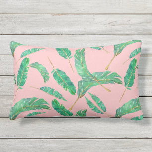 Bananenblad Roze Groene Tropische Bladeren Patroon Buitenkussen