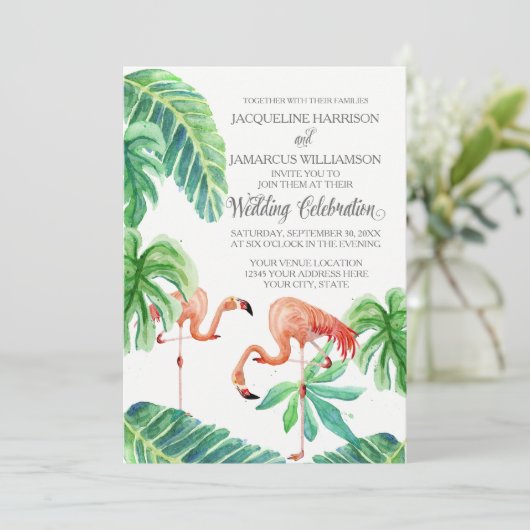 Bananenblad Waterverf Roze Flamingo Beach Art Kaart (Staand voorkant)