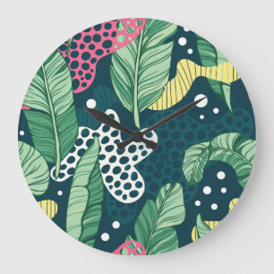 Bananenbladeren abstract, trendy kleuren grote klok