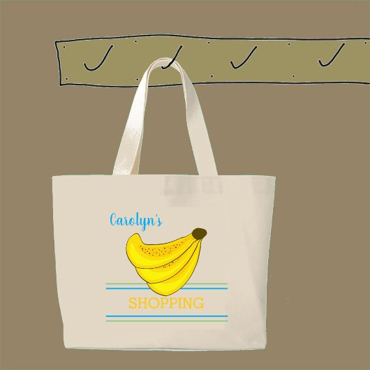 Bananenbos, strepen, jouw naam, winkelen grote tote bag